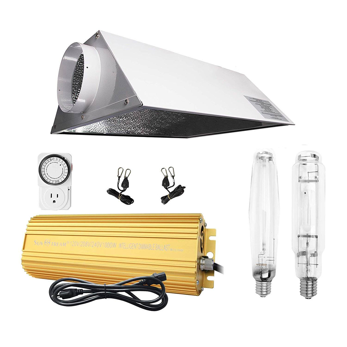 SunStream 1000W HPS MH Grow Light Bulb Digital Dimmable Ballast with Air Cool Hood Reflector Set