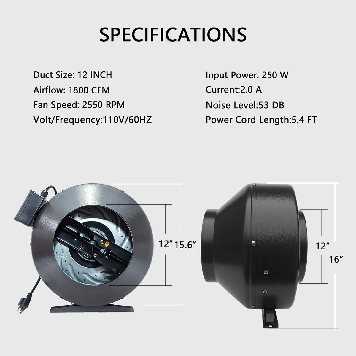 SunStream Duct inline Fan Vent Blower for HVAC Exhaust and Intake, Grounded Power Cord