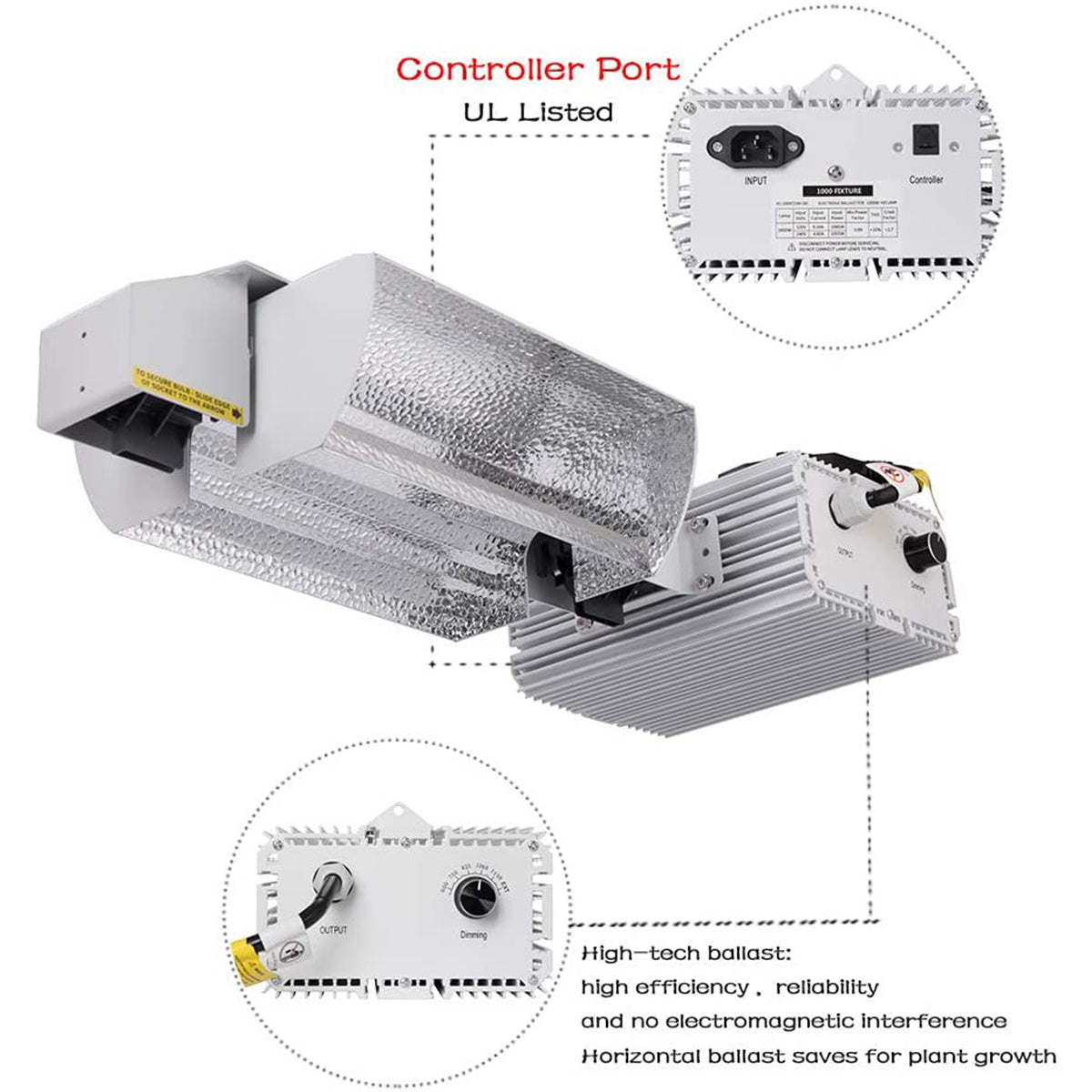 SunStream 1000 Watt DE HID Grow Light System Kit with Controller Port, No Bulb, Open Style Reflector with 120-240V Digital Dimmable Ballast