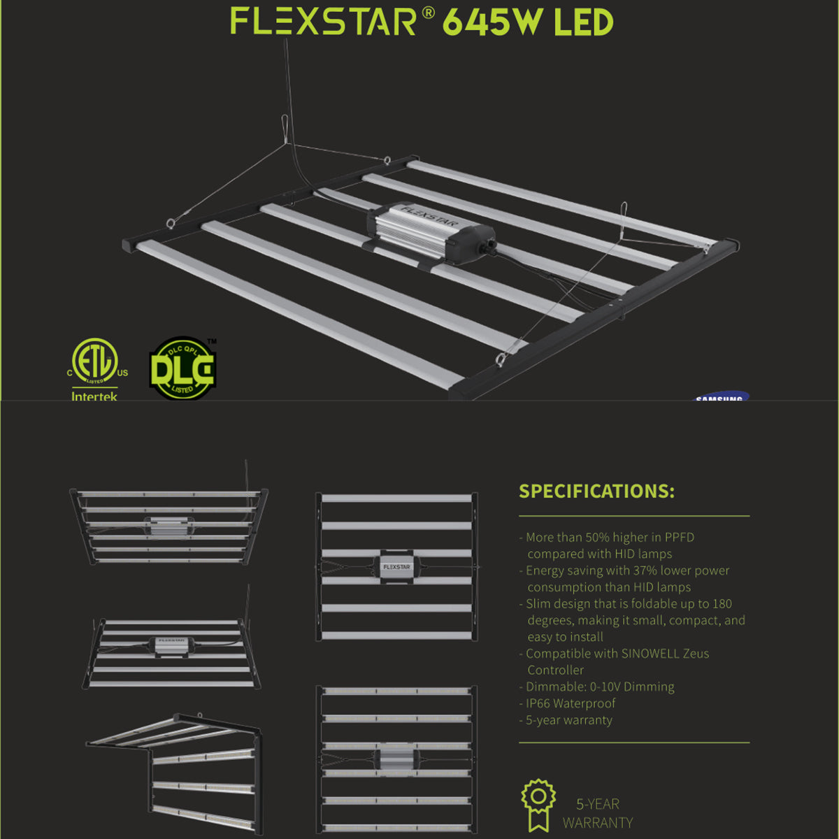 Sunstream  Flexstar 645W Foldable Dimmable LED Grow Light Full Spectrum Plant Fill Light Energy-Saving