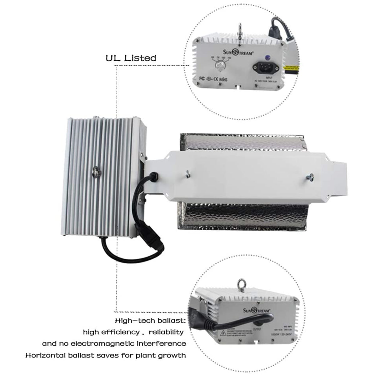 SunStream 1000 Watt DE Double Ended HID Grow Light System Kit, No Bulb, Closed Style Reflector with 120-240V Digital Dimmable Ballast