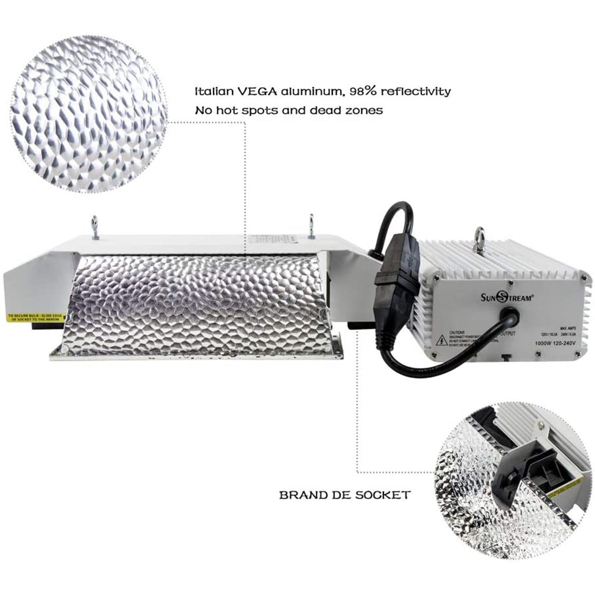 SunStream 1000 Watt DE HID Grow Light Kit, Close Style Reflector with 120-240V Digital Dimmable Ballast, 240V Adaptor, Rope Hanger