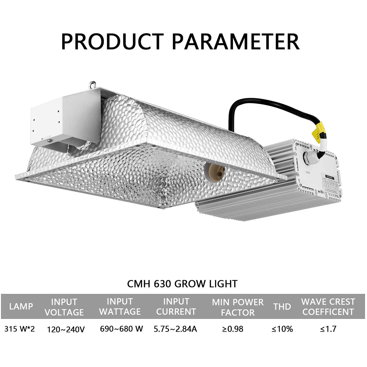 SunStream 630W(2X315) Ceramic Metal Halide CMH/CDM Grow Light Fixture, 120V/240V, Include 2PCS 315W 3100K Bulbs and 10ft 120V Cord