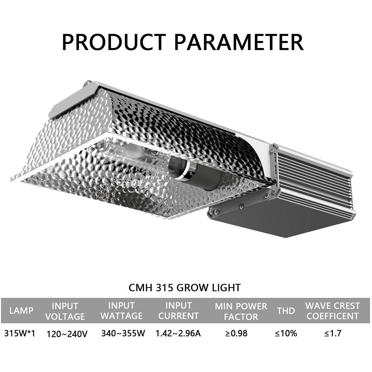 SunStream CMH 315W Ceramic Metal Halide Grow Light Fixture, ETL Listed, High-Reflectivity Vega Aluminum Hood, 120/240V Ballast