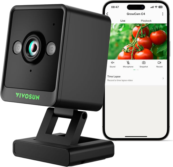 VIVOSUN GrowCam C4, 2K QHD WiFi Smart Camera for Grow Tent & VGrow Smart Grow Box, Timelapse, Night Vision, SD Card Storage, 2-Way Audio, App Control