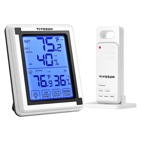 VIVOSUN Digital Thermometer and Hygrometer with 3 Remote Sensors, Indoor Outdoor Temperature and Humidity Monitor with Touchscreen LCD Backlight, 200ft/60m Range, Battery Included