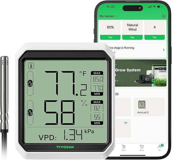 VIVOSUN AeroLab THB1S Wireless Bluetooth Hygrometer Thermometer Indoor, VPD, Digital Temp Humidity Meter, LCD Smart App Control & Alert, Data Storage, Dual Channels with Sensor Probe, Battery Included