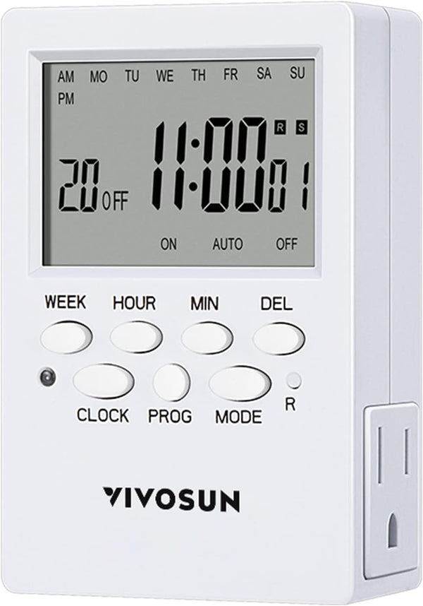 VIVOSUN 7 Day Programmable Digital Timer with Dual Outlet, 20 On/Off UL Listed Heavy Duty Plug-in Outlet Timer with Countdown Setting, Indoor for Lamp, Fan, Heater, Humidifiers, Aquarium (2 Pack)