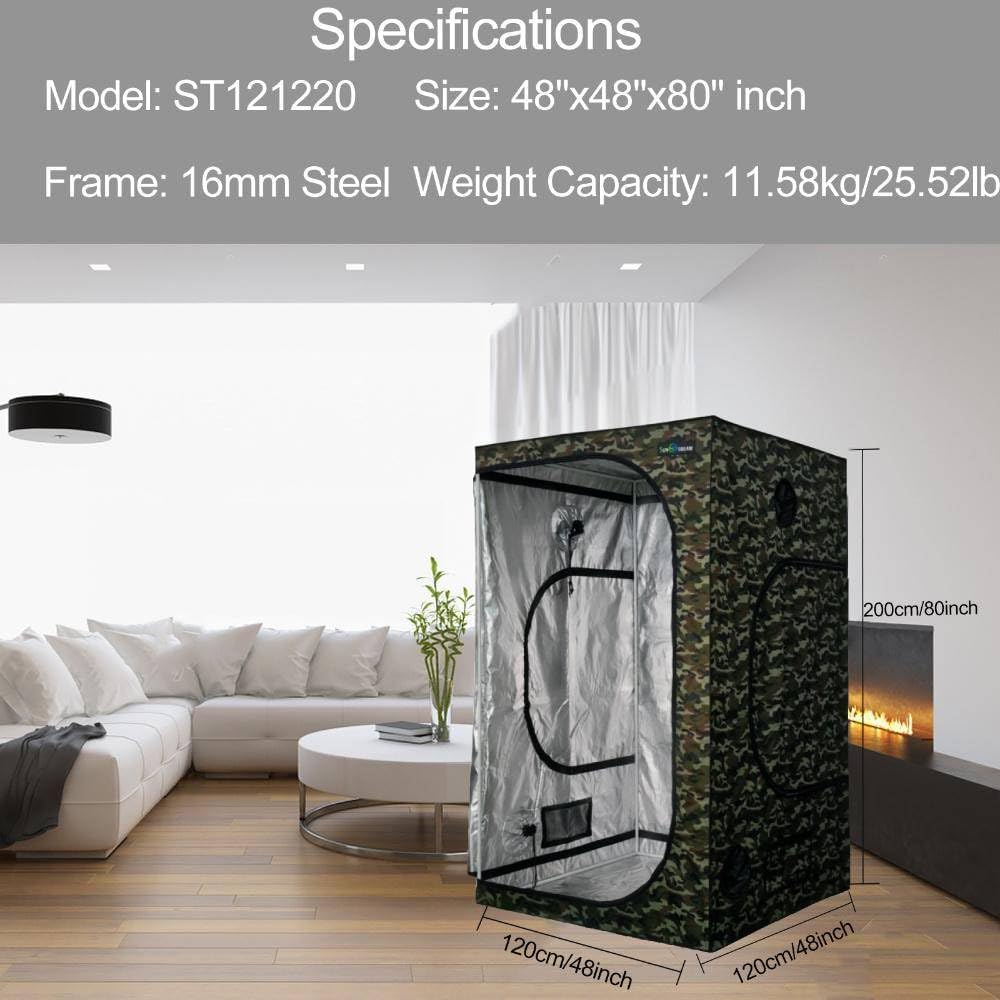 SunStream 48"x48"x80" Hydroponic Camouflage Grow Tent for Indoor Planting, 4X4 FT with Reflective Mylar, Observation Window and Floor Tray