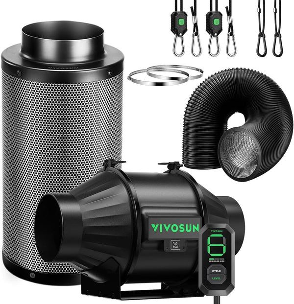 VIVOSUN Smart Air Filtration T6 Kit 6", AeroZesh T6 Inline Duct Fan with E12 Speed Controller, Carbon Filter & 8' Ducting, Cooling & Ventilation System for Grow Tents, Indoor Gardening, Hydroponics