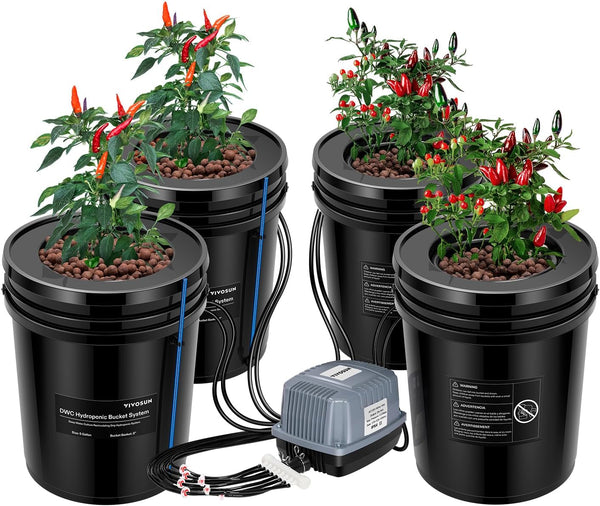 VIVOSUN DWC Hydroponics Grow System with Top Drip Kit, 5-Gallon Deep Water Culture, Recirculating Drip Garden System with Multi-Purpose Air Hose, Air Pump, and Air Stone (8 Buckets + Top Drip Kit)