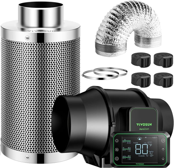 VIVOSUN Smart Air Filtration PRO S8 Kit 8", AeroZesh S8 Inline Duct Fan w/GrowHub E42A Temp. Humidity WiFi-Controller, Carbon Filter & Ducting, Cooling & Ventilation System for Grow Tent, Hydroponics