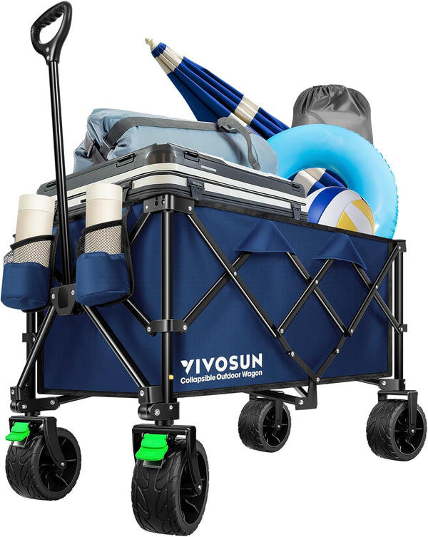 VIVOSUN Collapsible Folding Wagon, Outdoor Utility with Silent All-Terrain Wide Wheels, Adjustable Handle, Cup Holders & Side Pockets, for Camping, Beach, Shopping, Garden, Sports, Picnic
