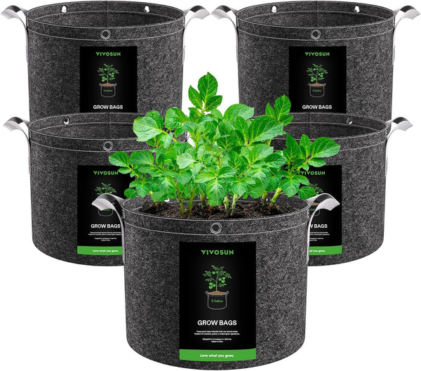 VIVOSUN 5-Pack 10 Gallon Grow Bags, 500G Thick Nonwoven Fabric Pots with Strap Handles, Multi-Purpose Rings, for Low Stress Plant Training Fruits, Vegetables, and Flowers