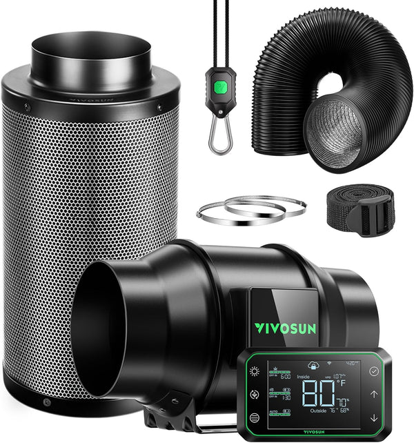 VIVOSUN Smart Air Filtration PRO G4 Kit 4", AeroZesh G4 Inline Duct Fan w/GrowHub E42A Temp. Humidity WiFi-Controller, Carbon Filter & Ducting, Cooling & Ventilation System for Grow Tent, Hydroponics