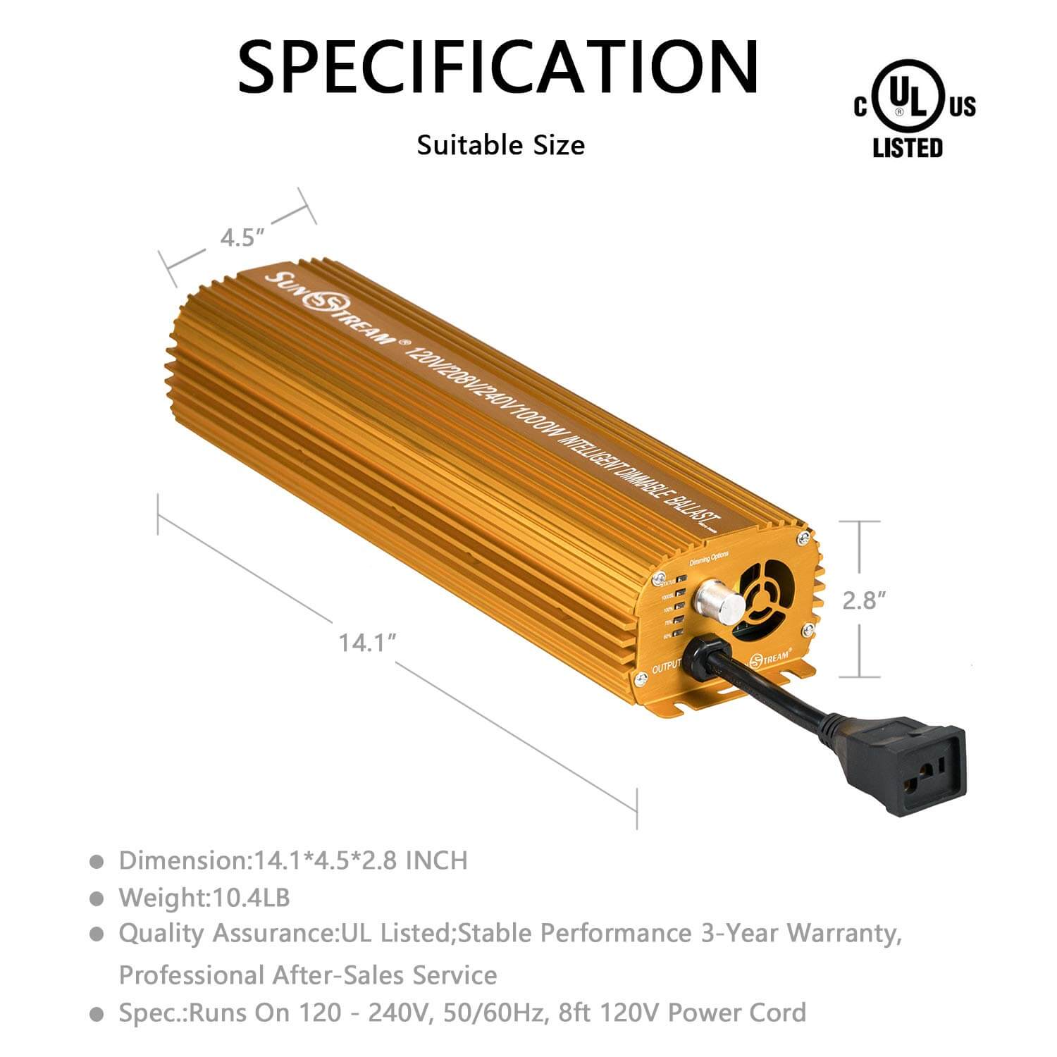 SunStream 1000w HPS MH Grow Light Bulb Digital Dimmable Ballast with Air Cooled Hood Reflector Set