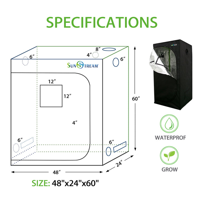 SunStream Hydroponic Grow Tent for Indoor Plant Growing, Lightproof with Highly Reflective Mylar Observation Window and Floor Tray