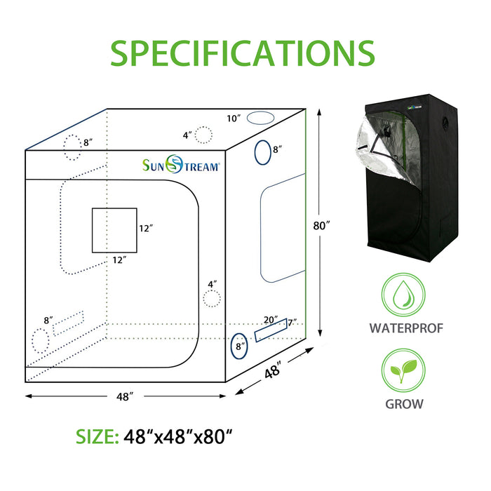 SunStream Hydroponic Grow Tent for Indoor Plant Growing, Lightproof with Highly Reflective Mylar Observation Window and Floor Tray