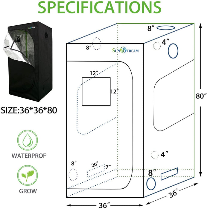 SunStream Hydroponic Grow Tent for Indoor Plant Growing, Lightproof with Highly Reflective Mylar Observation Window and Floor Tray