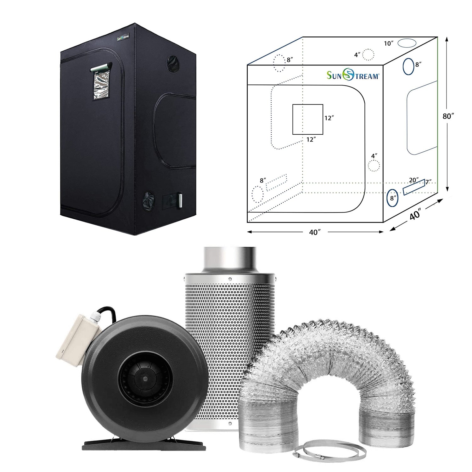 SunStream Fan/Filter/Duct Combo 6 inch with 40"x40"x80" Hydroponic Grow Tent Ventilation Kit