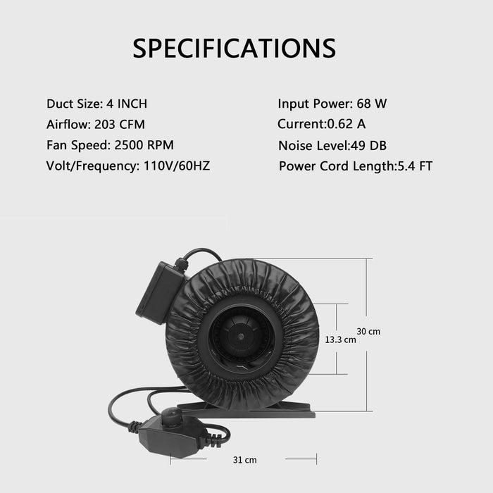 SunStream Inline Duct Fan with Speed Controller for Grow Tent Ventilation Heating and Cooling Exhaust ETL Certified