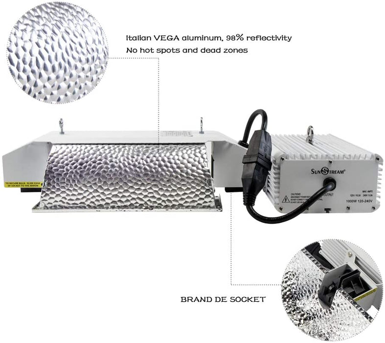 SunStream 1000 Watt DE HID Grow Light Kit, Close Style Reflector with 120-240V Digital Dimmable Ballast, 240V Adaptor, Rope Hanger