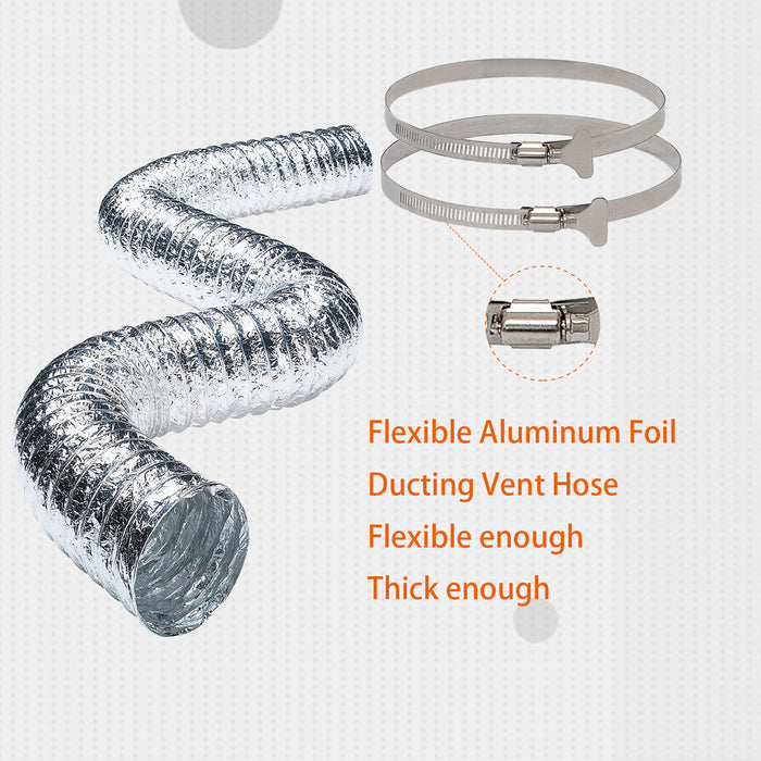 SunStream 25 Feet Non-Insulated Flex Air Aluminum Ducting Dryer Vent Hose for HVAC Ventilation, 2 Clamps Included