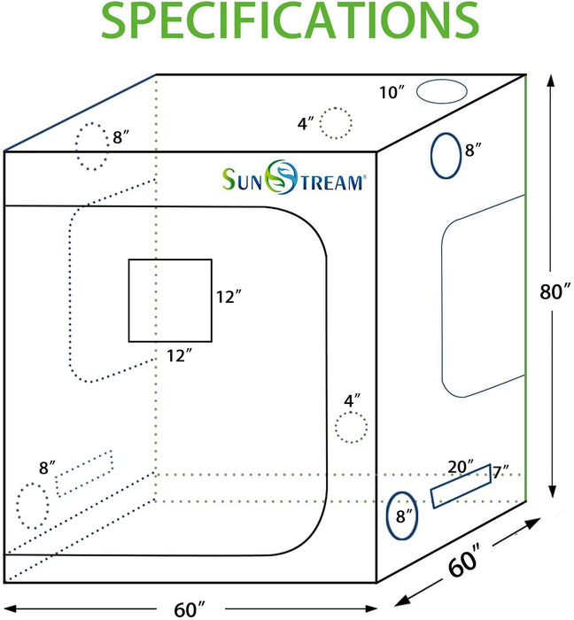 SunStream Hydroponic Grow Tent for Indoor Plant Growing, Lightproof with Highly Reflective Mylar Observation Window and Floor Tray