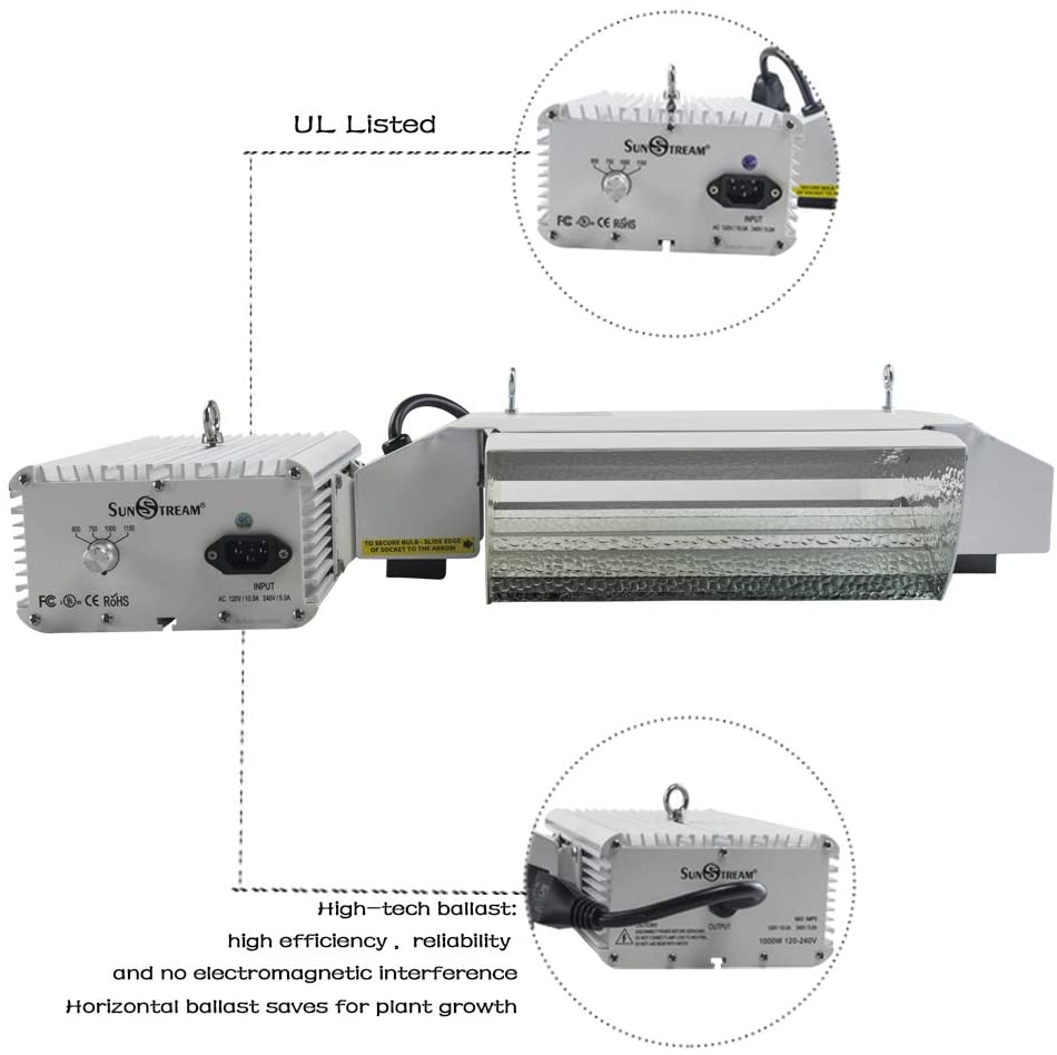 SunStream 1000 Watt DE Double Ended HID Grow Light System Kit, 2100K DE HPS Bulb, Open Style Reflector with 120-240V Digital Dimmable Ballast