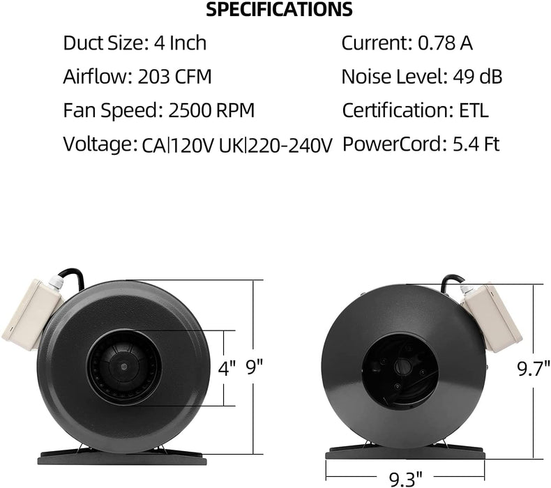 SunStream Duct inline Fan Vent Blower for HVAC Exhaust and Intake, Grounded Power Cord
