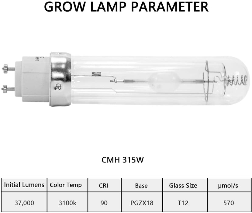 SunStream CMH 315W Ceramic Metal Halide Grow Light Fixture, ETL Listed, High-Reflectivity Vega Aluminum Hood, 120/240V Ballast