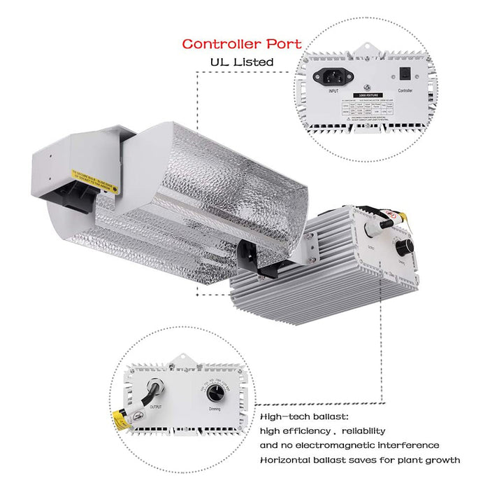 Raylux 1000 Watt DE HID Grow Light System Kit with Controller Port, 2100K DE HPS Bulb, Open Style Reflector with 120-240V Digital Dimmable Ballast