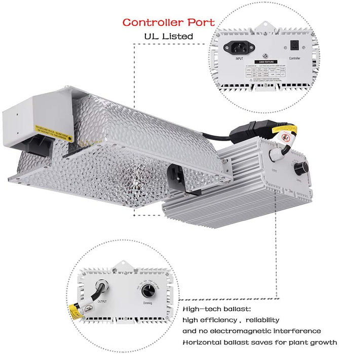 SunStream 1000 Watt DE HID Grow Light System Kit with Controller Port, No Bulb, Closed Style Reflector with 120-240V Digital Dimmable Ballast