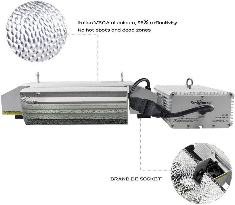 SunStream 1000 Watt DE Double Ended HID Grow Light System Kit, 2100K DE HPS Bulb, Open Style Reflector with 120-240V Digital Dimmable Ballast