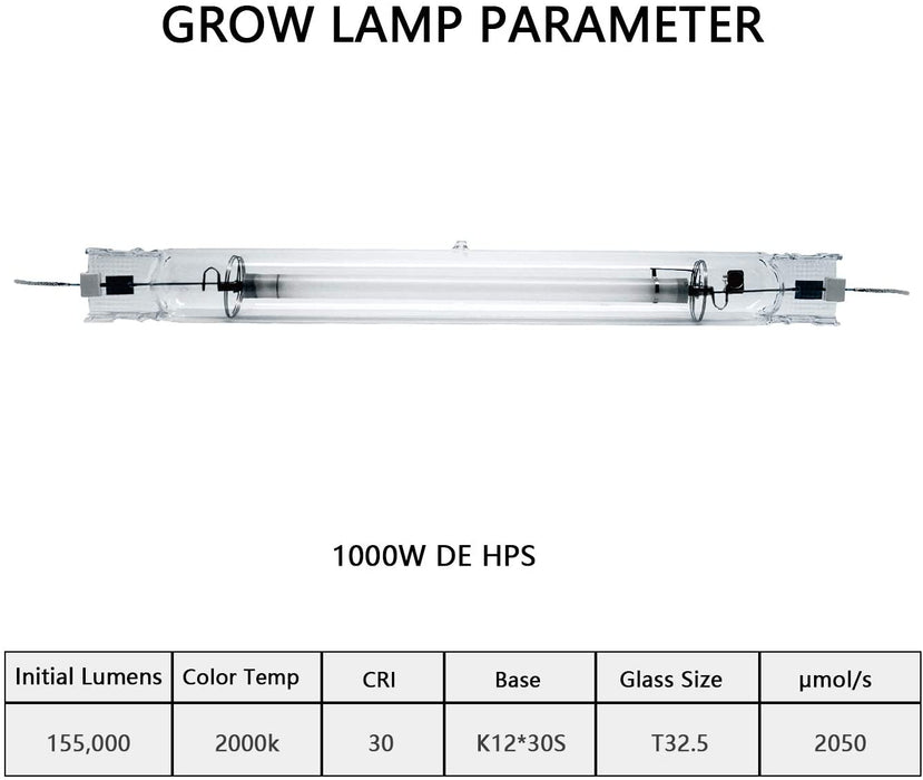SunStream 1000 Watt DE HID Grow Light, 2100K DE HPS Bulb, Open Style Reflector with 120-240V Digital Dimmable Ballast, 240V Adaptor, Rope Hanger