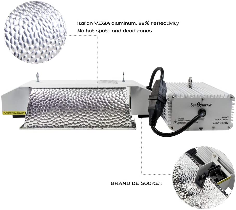 SunStream 1000 Watt DE Double Ended HID Grow Light System Kits, 2100K DE HPS Bulb, Closed Style Reflector with 120-240V Digital Dimmable Ballast