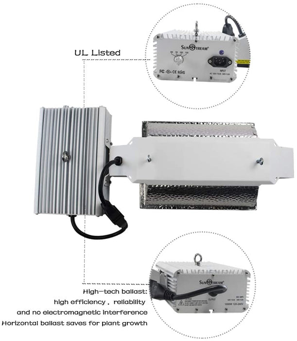 SunStream 1000 Watt DE HID Grow Light Kit, Close Style Reflector with 120-240V Digital Dimmable Ballast, 240V Adaptor, Rope Hanger