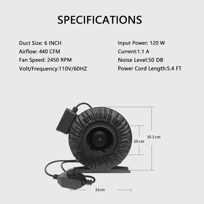 SunStream Inline Duct Fan with Speed Controller for Grow Tent Ventilation Heating and Cooling Exhaust ETL Certified
