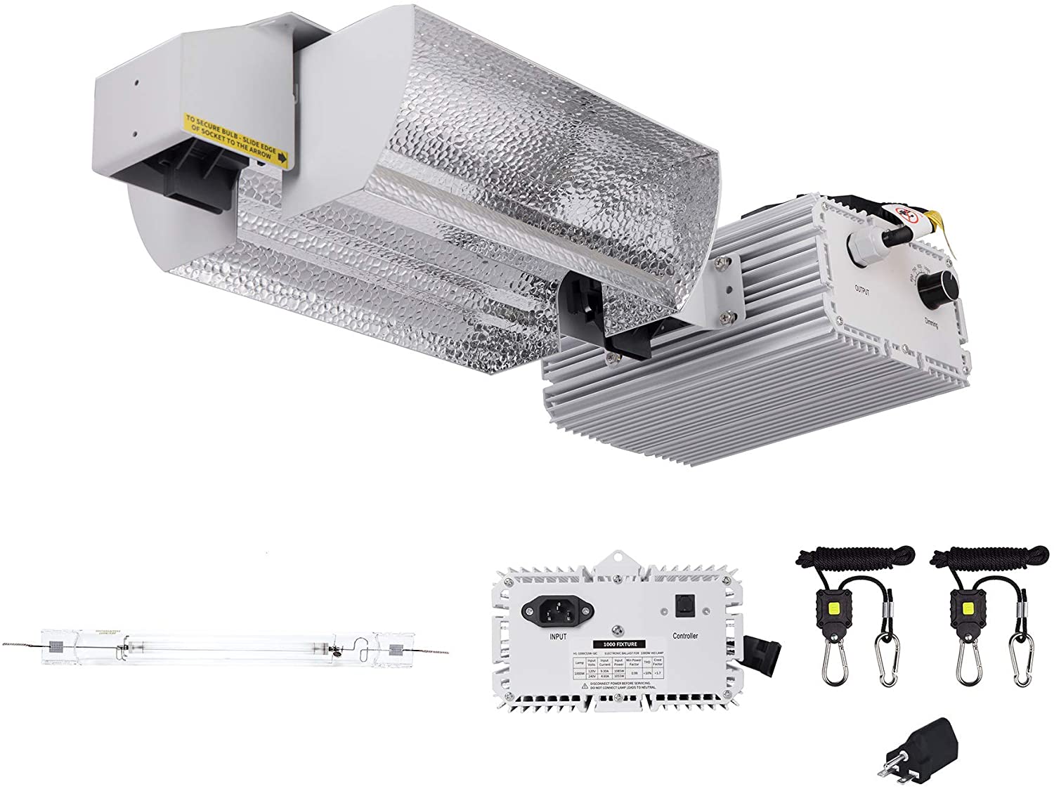 SunStream 1000 Watt DE HID Grow Light, 2100K DE HPS Bulb, Open Style Reflector with 120-240V Digital Dimmable Ballast, 240V Adaptor, Rope Hanger