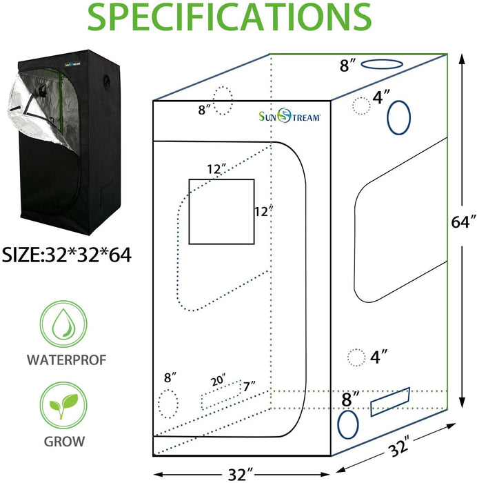 SunStream Hydroponic Grow Tent for Indoor Plant Growing, Lightproof with Highly Reflective Mylar Observation Window and Floor Tray