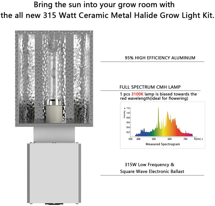 SunStream CMH 315W Ceramic Metal Halide Grow Light Fixture, ETL Listed, High-Reflectivity Vega Aluminum Hood, 120/240V Ballast