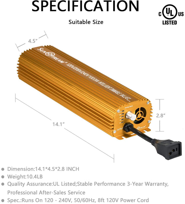 SunStream 1000 Watt HPS MH Digital Dimmable Grow Light System Kit with Timer Single Ended