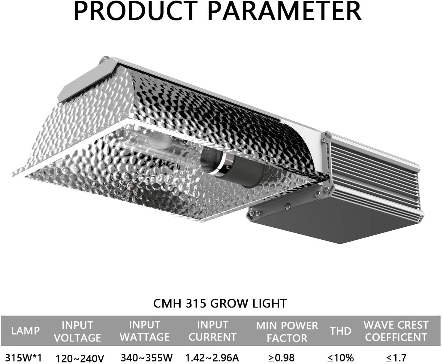 SunStream CMH 315W Ceramic Metal Halide Grow Light Fixture, ETL Listed, High-Reflectivity Vega Aluminum Hood, 120/240V Ballast