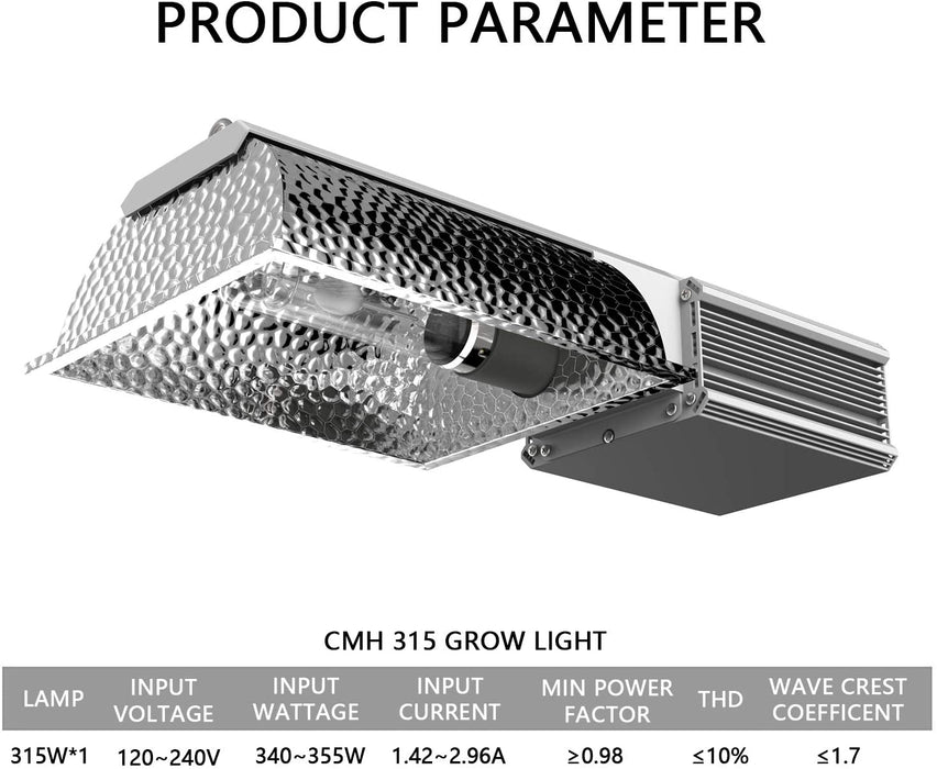 SunStream CMH 315W Ceramic Metal Halide Grow Light Fixture, ETL Listed, High-Reflectivity Vega Aluminum Hood, 120/240V Ballast