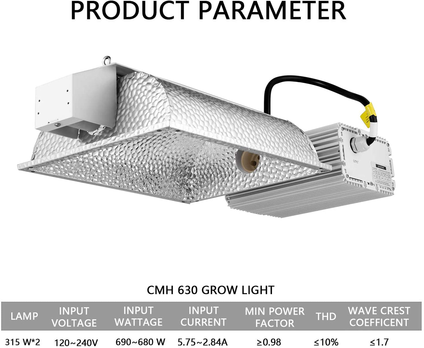 SunStream 630W(2X315) Ceramic Metal Halide CMH/CDM Grow Light Fixture, 120V/240V, Include 2PCS 315W 3100K Bulbs and 10ft 120V Cord