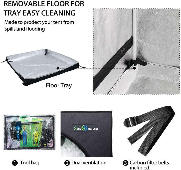 SunStream Hydroponic Grow Tent for Indoor Plant Growing, Lightproof with Highly Reflective Mylar Observation Window and Floor Tray