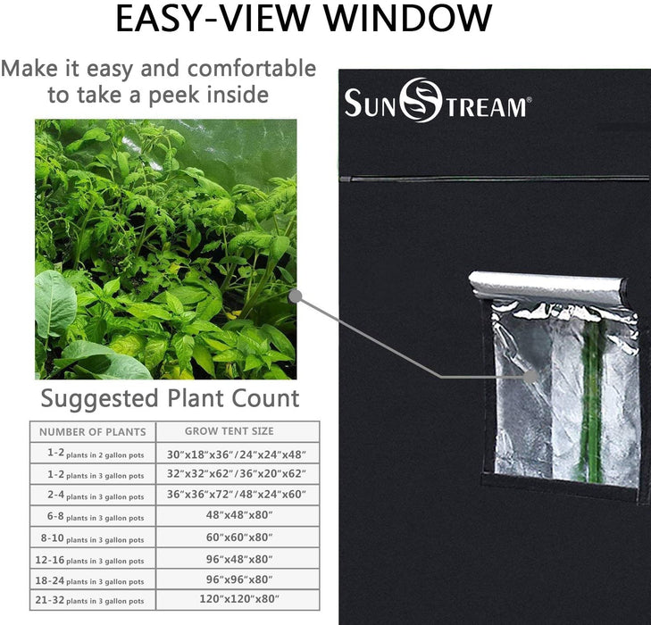 SunStream Hydroponic Grow Tent for Indoor Plant Growing, Lightproof with Highly Reflective Mylar Observation Window and Floor Tray