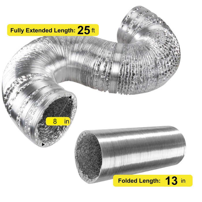 SunStream Non-Insulated Flex Air Aluminum Ducting Dryer Vent Hose for HVAC Ventilation, 2 Clamps Included