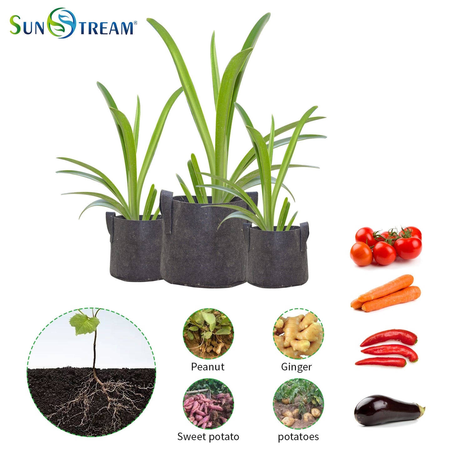 SunStream Heavy Duty Thickened Nonwoven Fabric Pots Grow Bags with Handles