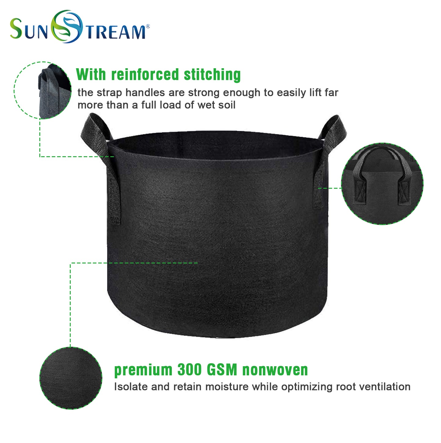 SunStream Heavy Duty Thickened Nonwoven Fabric Pots Grow Bags with Handles